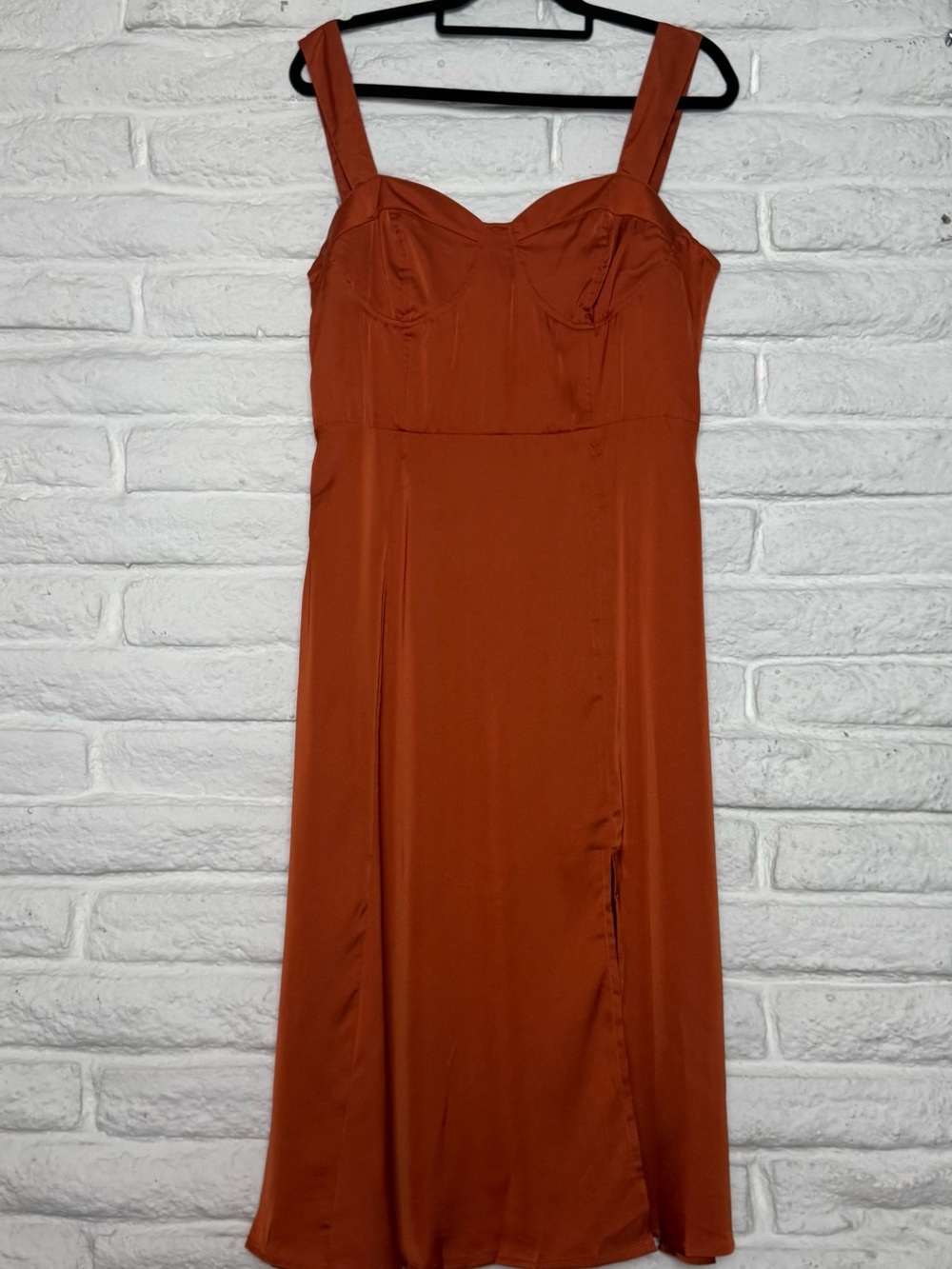 Petal & Pup Rust Satin Midi Dress with Sweetheart Bust